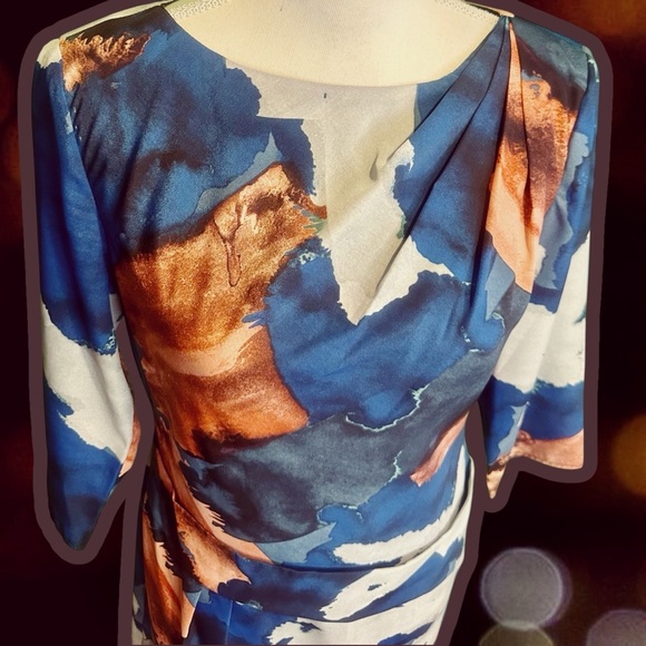 NWOT Vince Camuto Blue & Copper Abstract Watercolor Print Pleated Shift Dress 8 - Picture 3 of 15